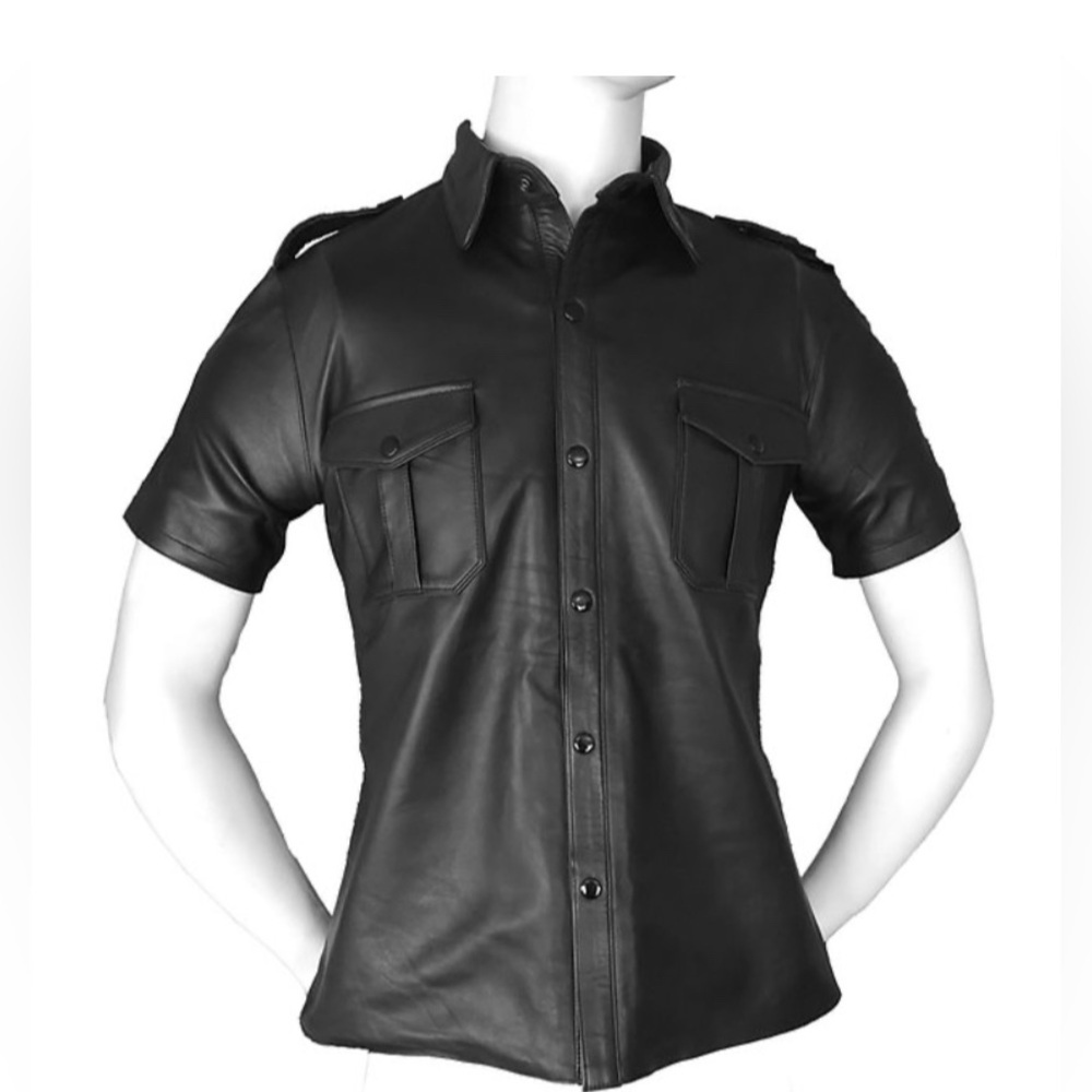 🦋B2G1🦋ROUGE Black GENUINE Leather Short Sleeved Button-Up Police/Gay Style Shirt